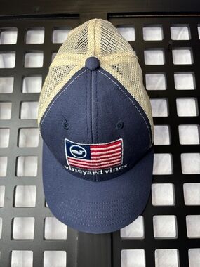 💙 Vineyard Vines Flag Patch Hat Navy Tan Mesh Adjustable Cap 💙